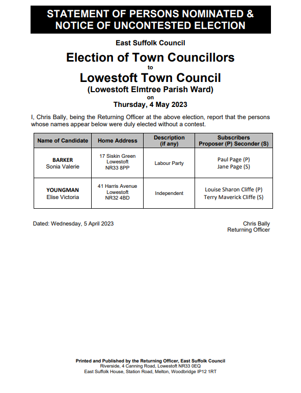 Elmtree Notice of Uncontested election