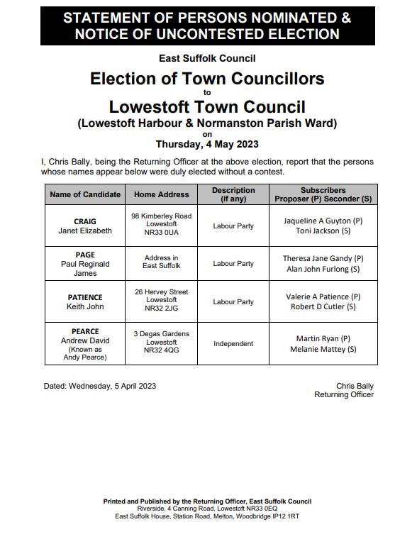 Harbour notice of uncontested election