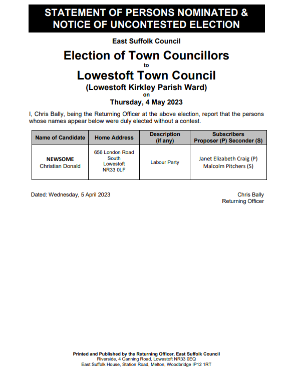 Notice of uncontested election Kirkley