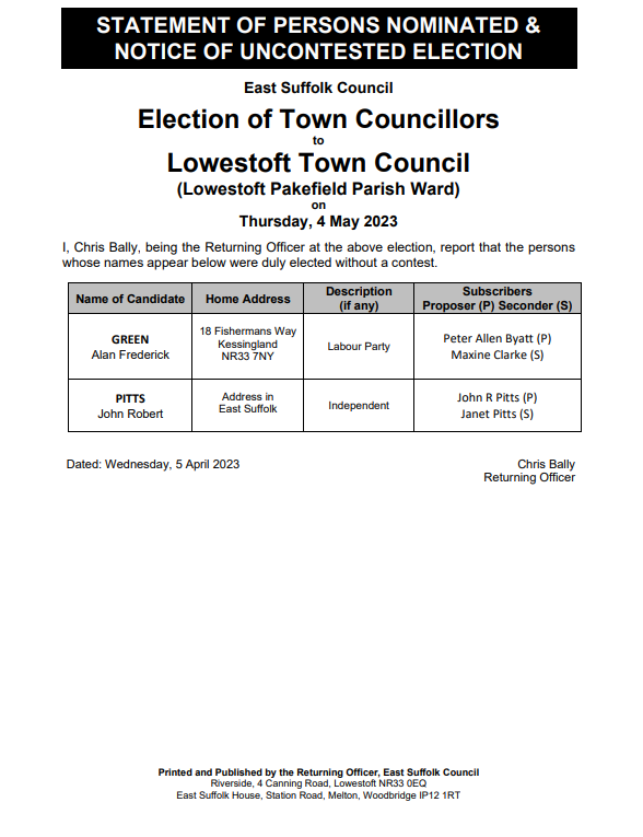 Notice of uncontested election Pakefield