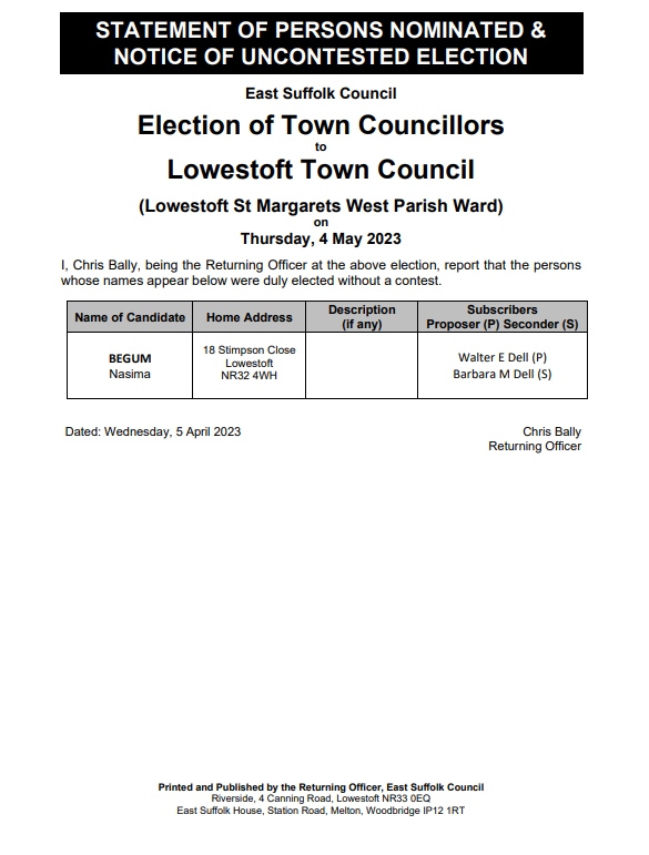 Notice of uncontested election St Margarets West