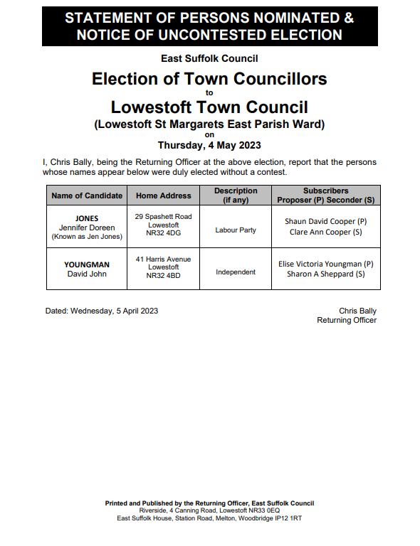 Notice of uncontested election St Margarets east
