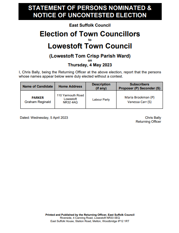Notice of uncontested election Tom Crisp