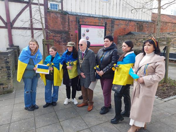 The Mayor of Lowestoft photographed with a group of Ukrainian refugees
