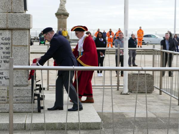 The Mayor of Lowestoft and others place a poppy wreath at the War Memorial