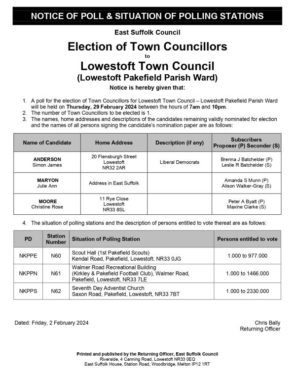 Notice of Poll and Situation of Polling Station Lowestoft Pakefield Parish Ward page 0001