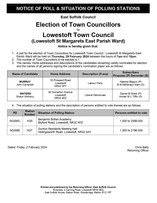 Notice of Poll and Situation of Polling Station Lowestoft St Margarets East Parish Ward page 0001