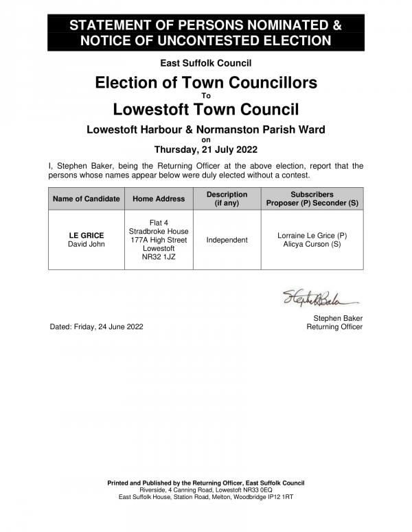 Notice of Uncontested Election Lowestoft Harbour Normanston Parish Ward 1