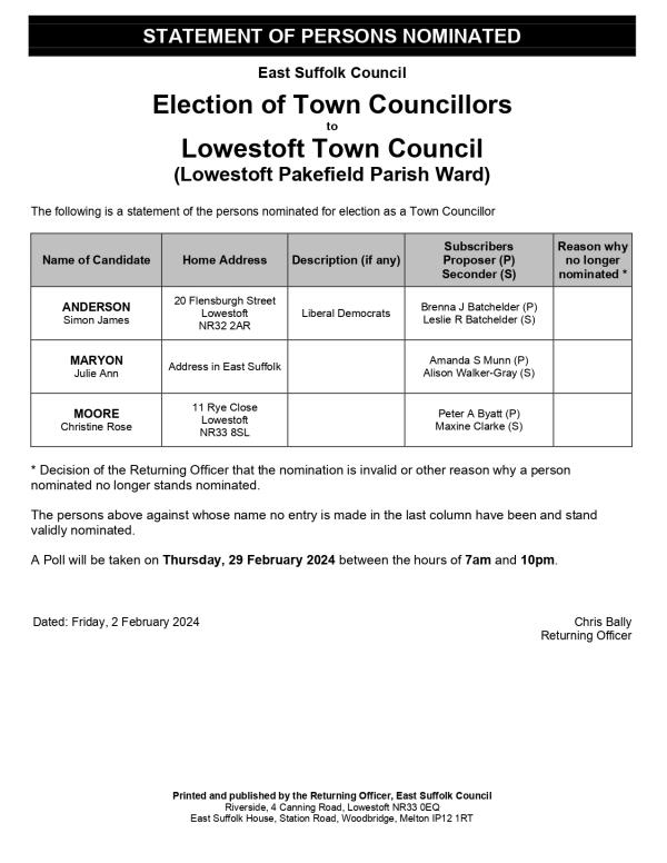 Statement of Persons Nominated Lowestoft Pakefield Parish Ward page 0001