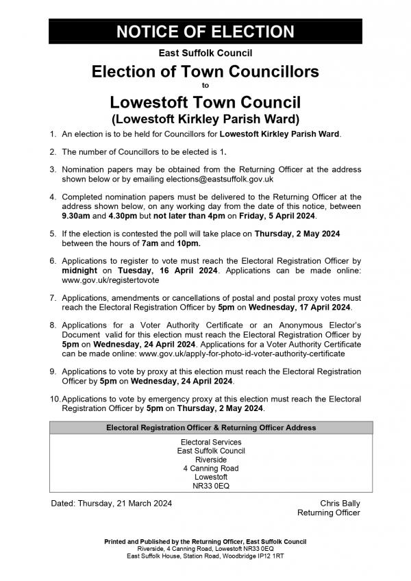 Notice of Election Lowestoft Kirkley Parish Ward page 0001
