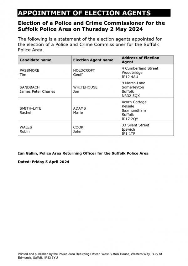 Notice of Election Agents Suffolk PCC election on Thursday 2 May 2024 page 0001