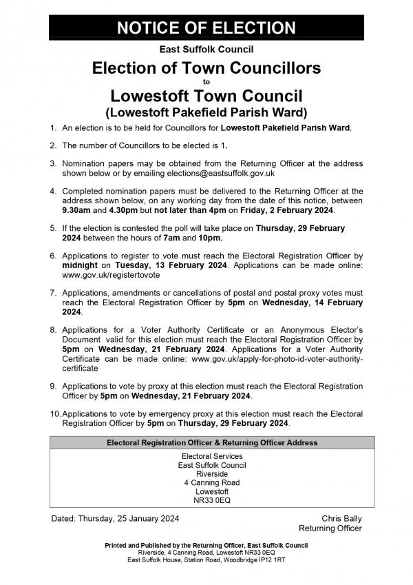 Notice of Election Lowestoft Pakefield Parish Ward page 0001