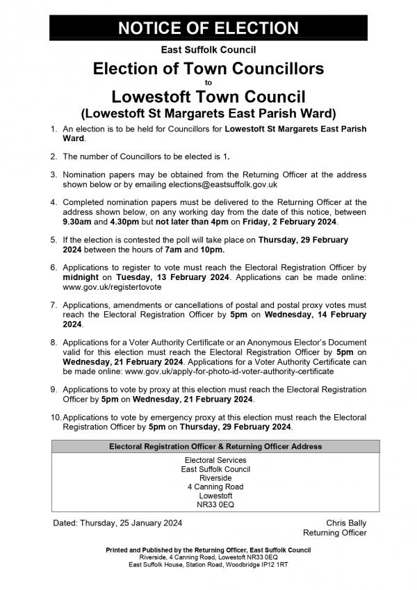 Notice of Election Lowestoft St Margarets East Parish Ward page 0001
