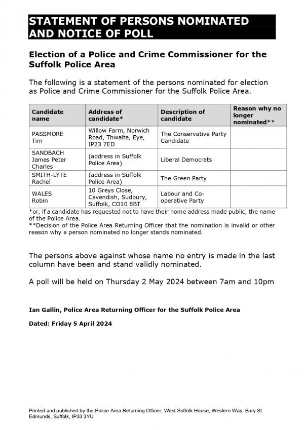 Statement of Persons Nominated and Notice of Poll Suffolk PCC election on Thursday 2 May 2024 page 0001