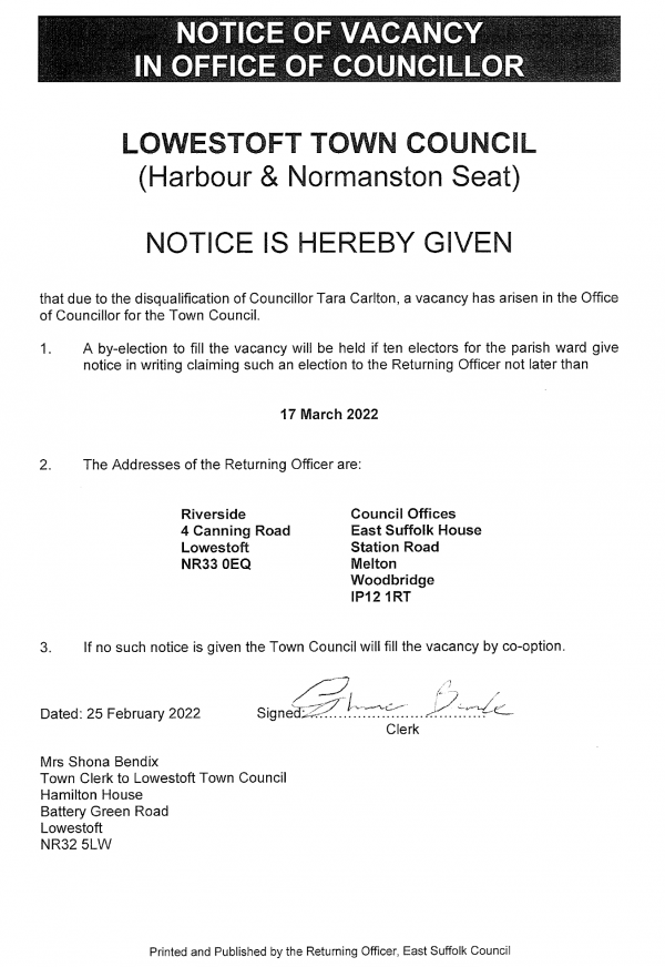 Notice of Vacancy Harbour and Normanston