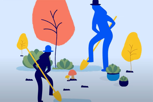 A graphic of two people digging holes in the ground. They are surrounded by plants