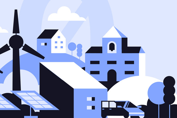 A graphic of some buildings and a wind turbine