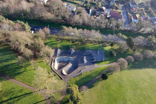 An aerial photo of a skate park