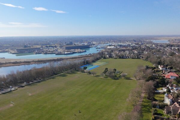 An aerial photo of a large green park