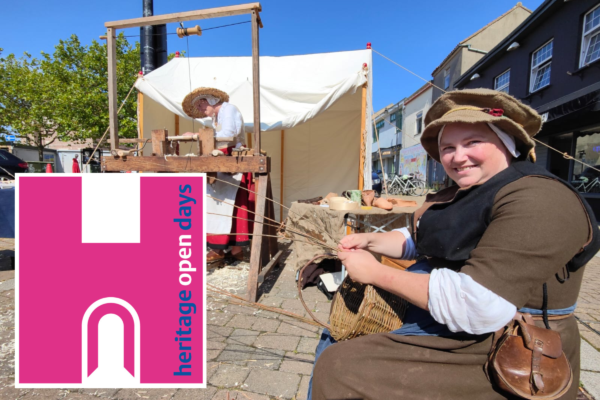 A women in period costume weaving a basket. In the foreground, the Heritage Open Days logo is present