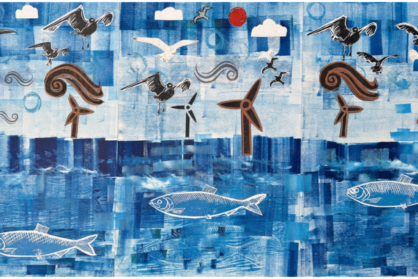 A blue-toned image of the sea, featuring wind turbines, sea birds and fish