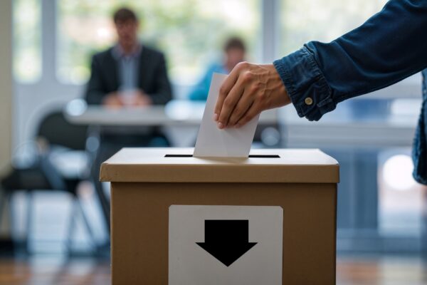 Image of a hand placing a piece of paper into a voting box