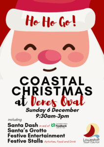 A poster with a large graphic of a Santa Face on. 