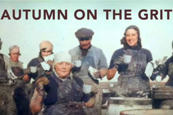 Image of people in old work clothes, drinking from white cups